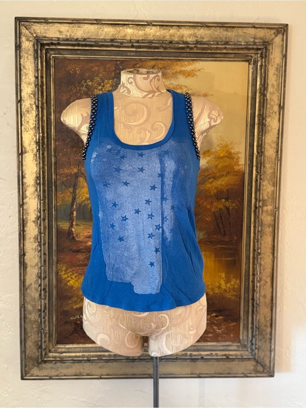 Y2K Express Grunge Americana Blue Beaded Star Patriotic Muscle tank